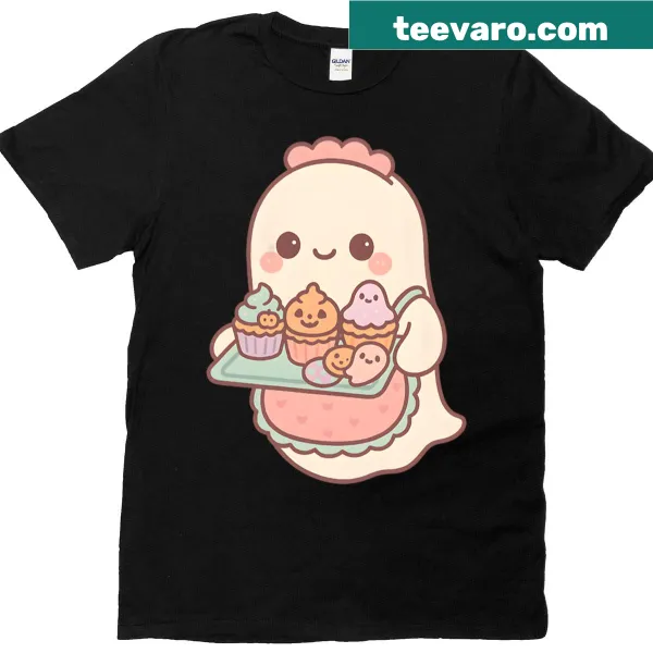 Adorable T-shirt featuring a kawaii ghost chef with Halloween sweets