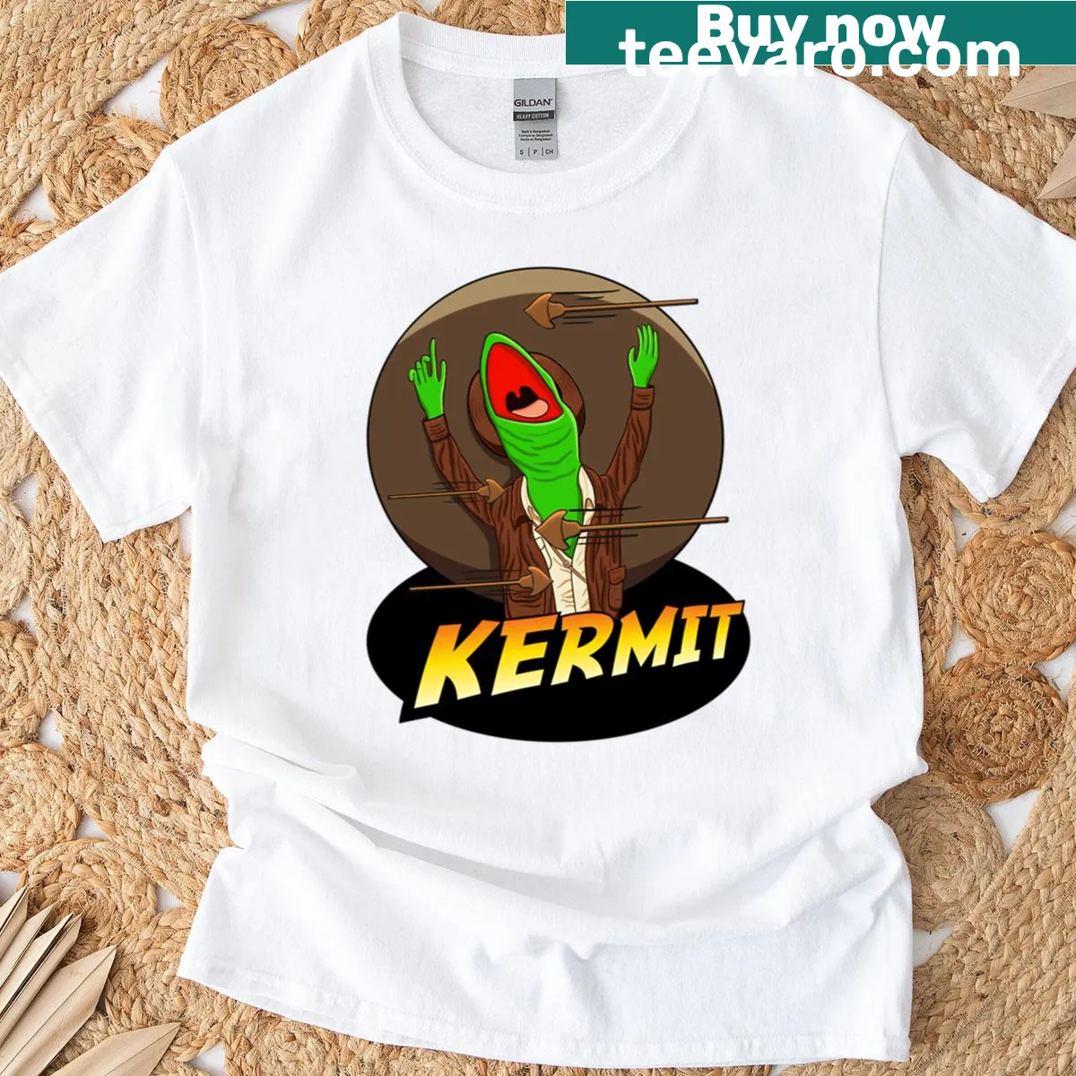 Kermit the Frog themed t-shirt inspired by Raiders of the Lost Ark — on a men's t-shirt