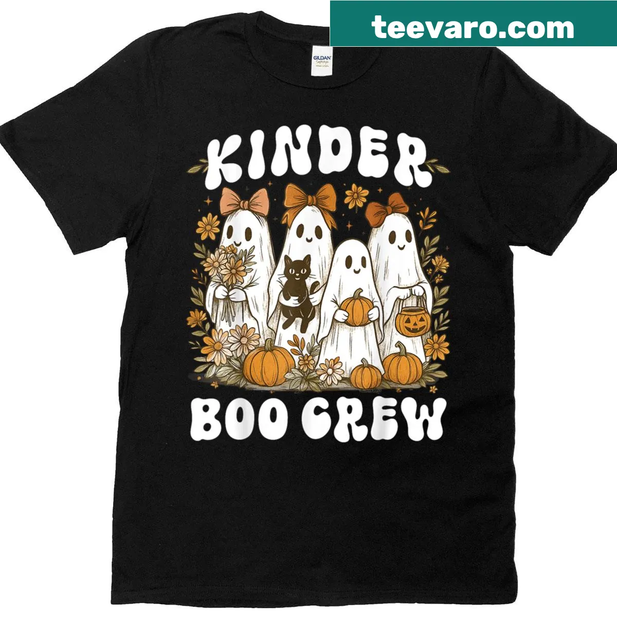 Floral ghost illustration on a Halloween-themed teacher t-shirt — on a men's t-shirt