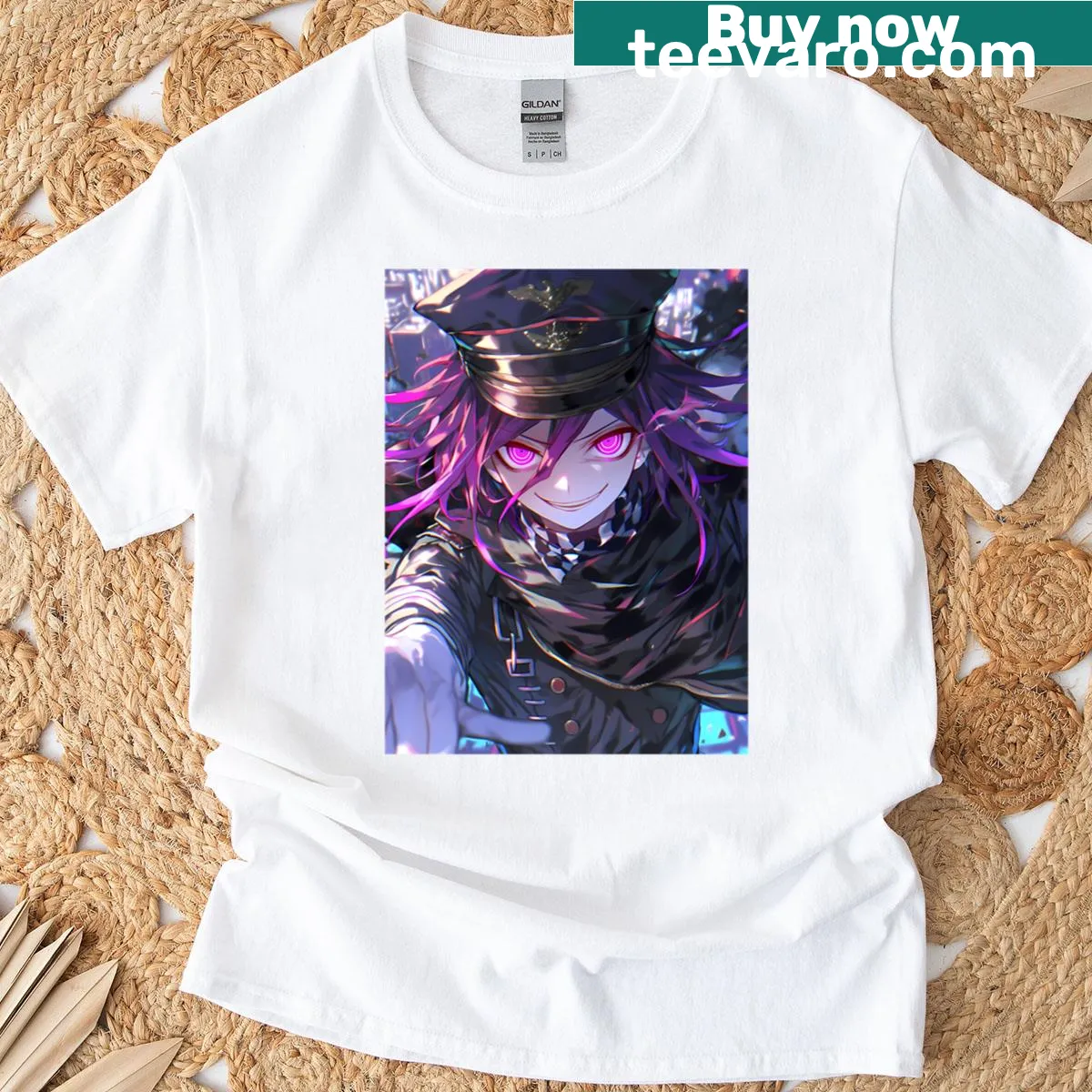 Danganronpa Kokichi Ouma t-shirt with neon chaotic design — on a men's t-shirt