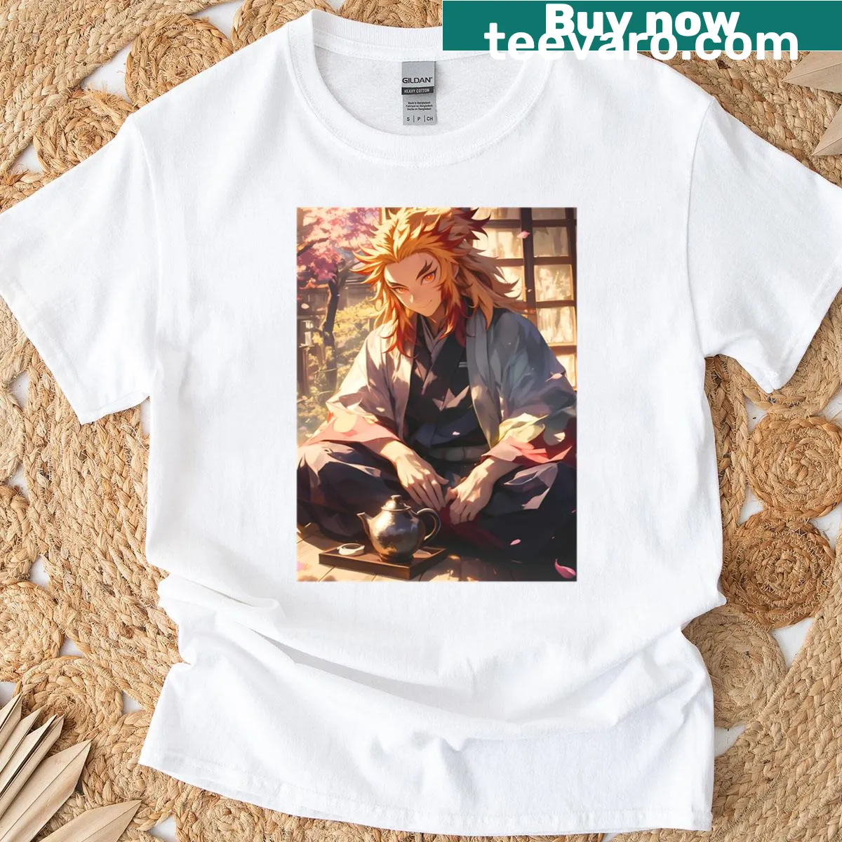 T-shirt featuring Kyojuro Rengoku from Demon Slayer in a tea ceremony — on a men's t-shirt