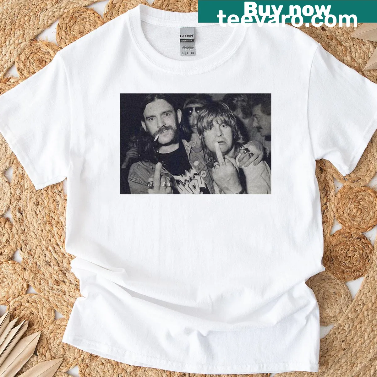 Vintage-style t-shirt featuring Lemmy and Ozzy with middle finger gesture — on a men's t-shirt