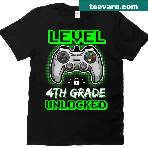 Kids T-shirt celebrating 4th grade with Level Unlocked video game graphic