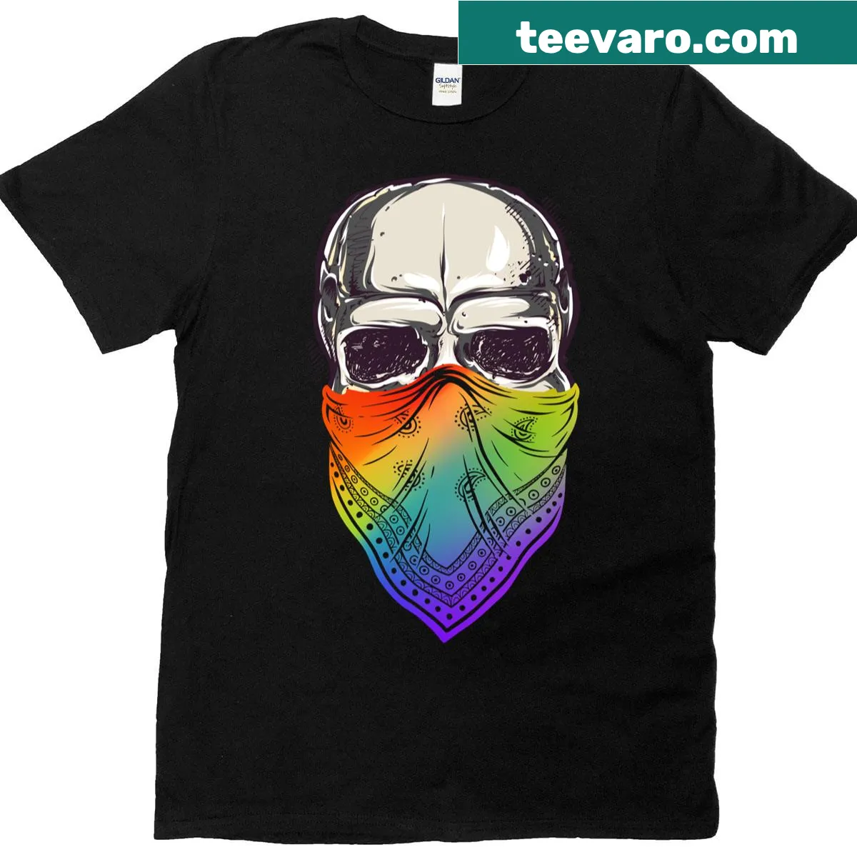 LGBTQ skeleton design t-shirt with rainbow flag illustration — on a men's t-shirt