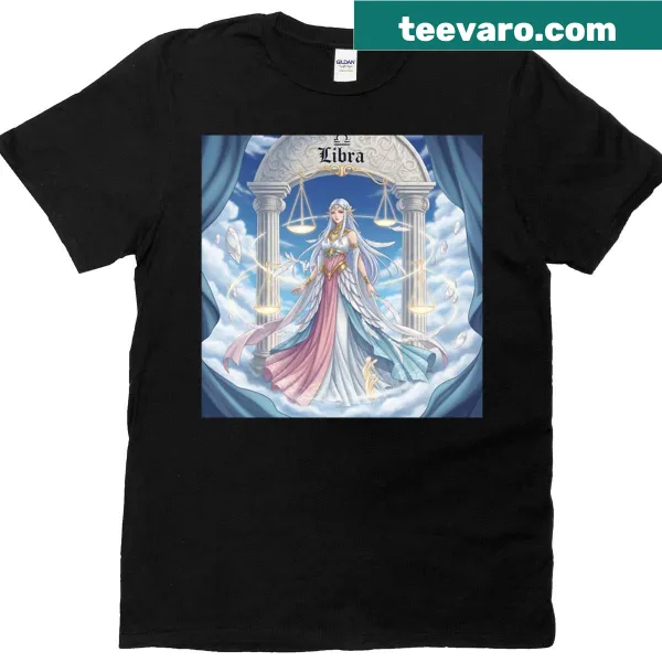 Zodiac-themed t-shirt featuring a harmonious Libra Elf illustration
