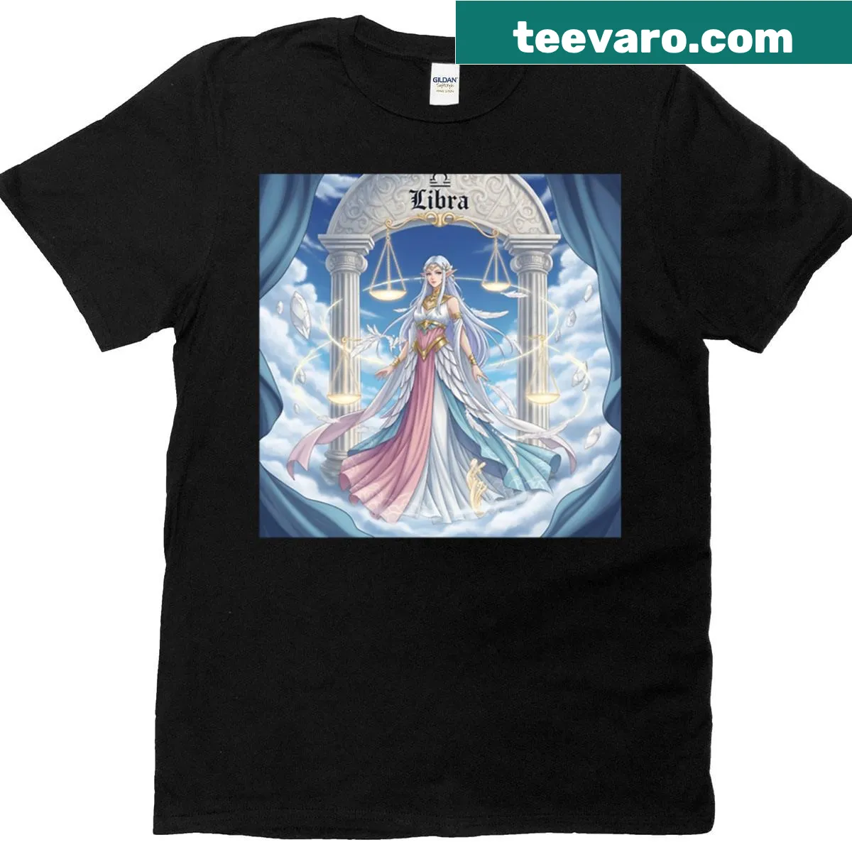 Zodiac-themed t-shirt featuring a harmonious Libra Elf illustration — on a men's t-shirt