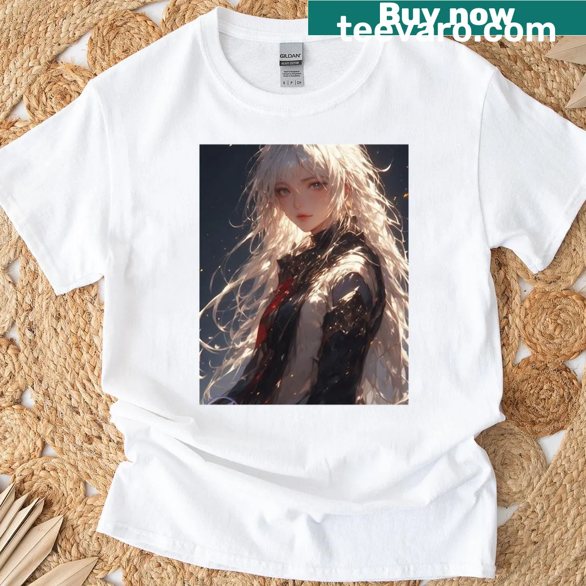 Illustrated T-shirt featuring the Silver Warrior of Shadows from Lightbreaker. — on a men's t-shirt