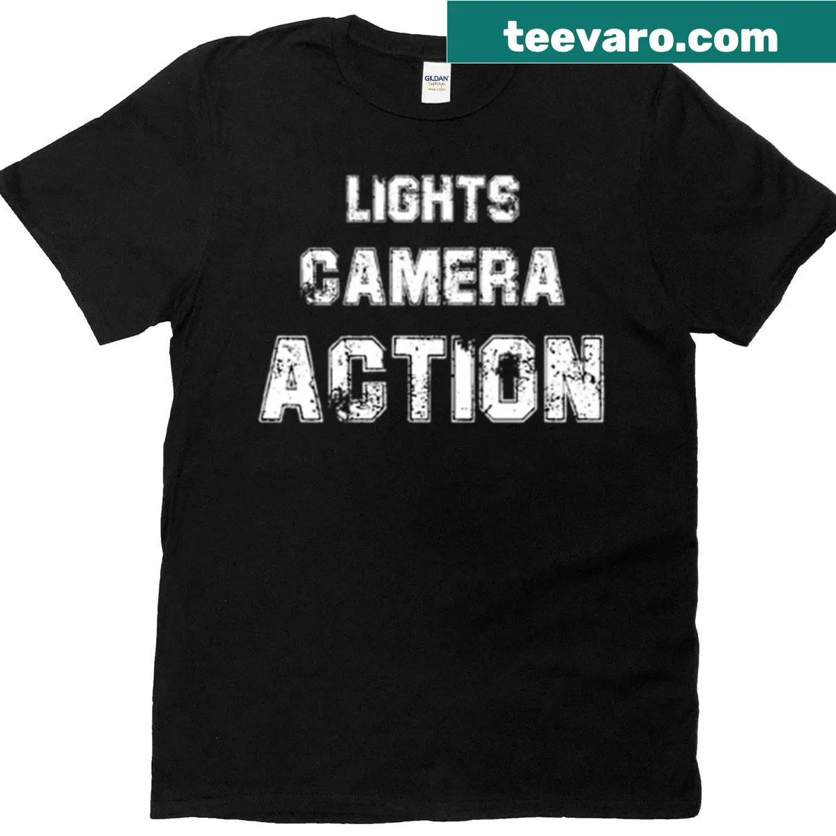 Illustrated t-shirt with 'Lights Camera Action' theme for film lovers — on a men's t-shirt