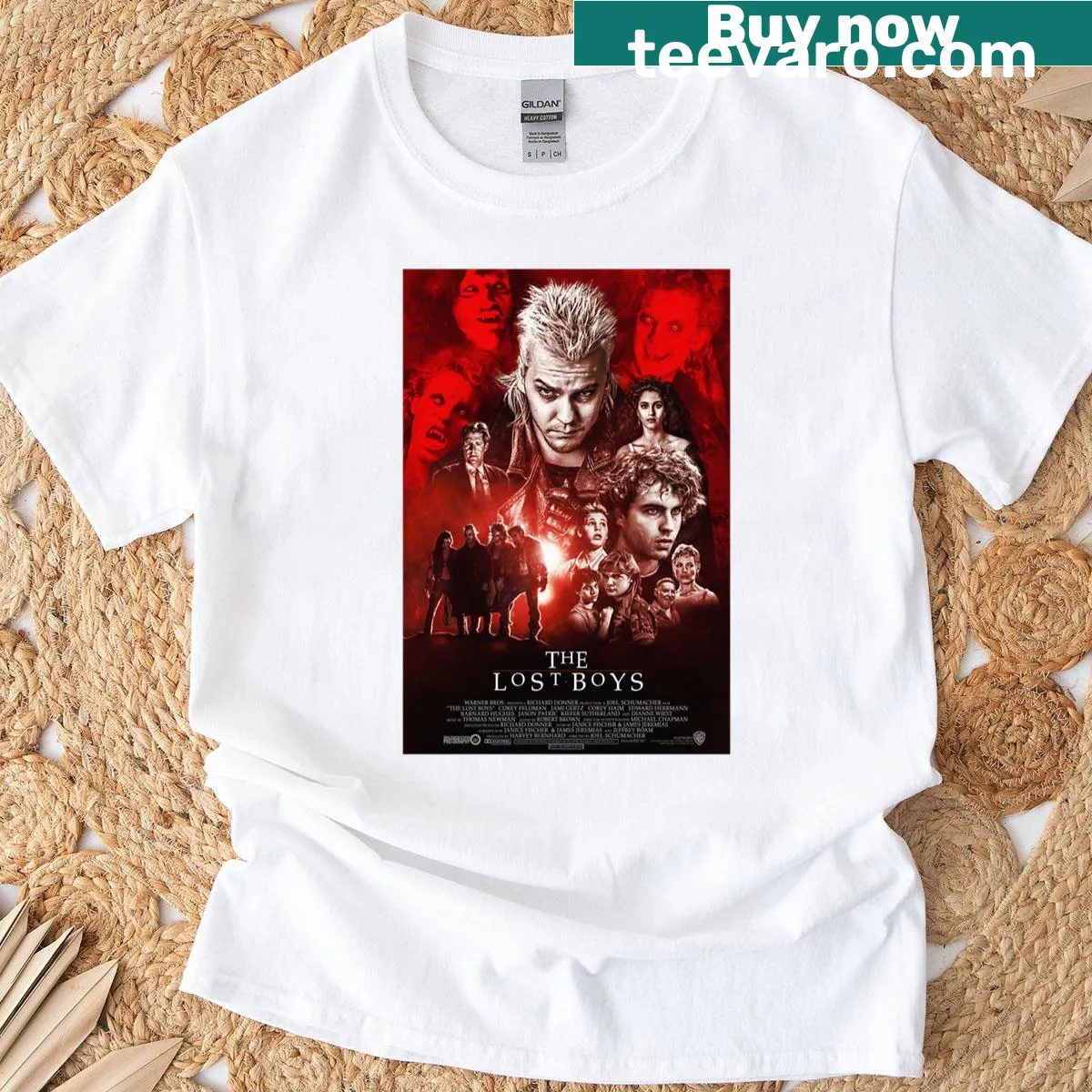 Whimsical graphic inspired by the Lost Boys adventure theme — on a men's t-shirt