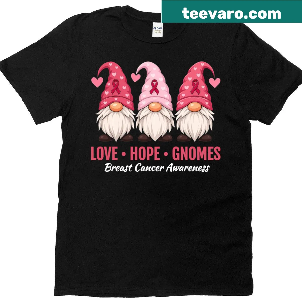 Cute gnome design with pink ribbons for breast cancer awareness — on a men's t-shirt