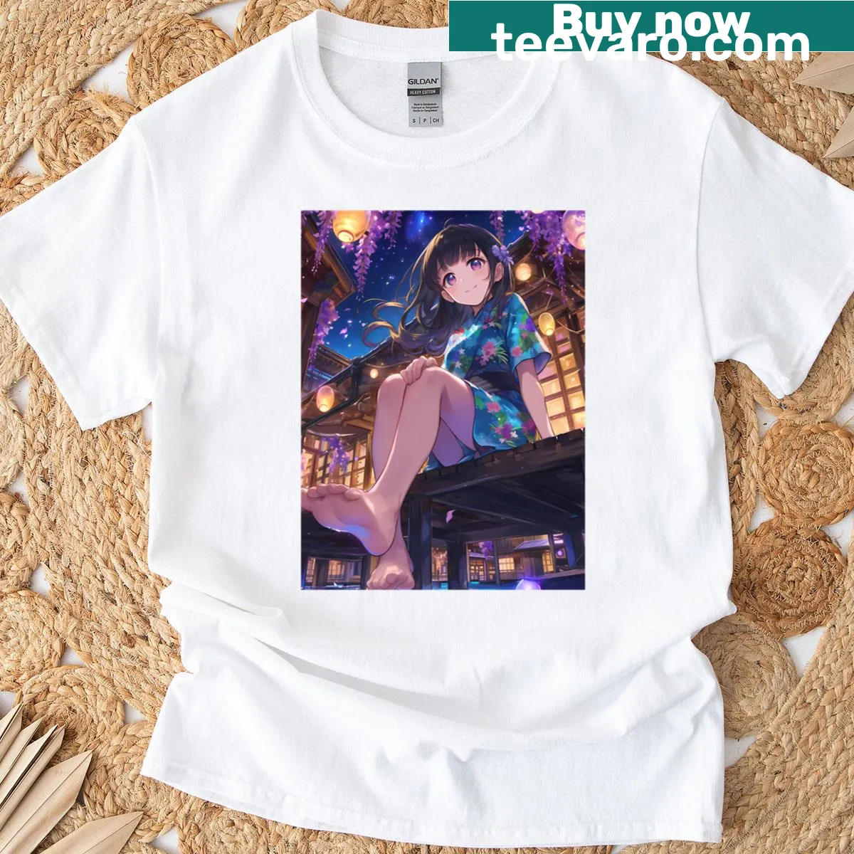 Anime girl in yukata with summer lights illustration T-shirt — on a men's t-shirt