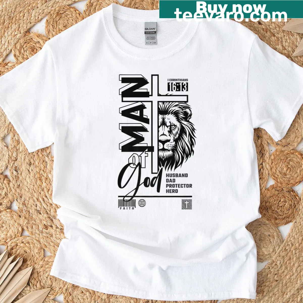 Illustrative Lion of Judah T-shirt representing faith and strength — on a men's t-shirt