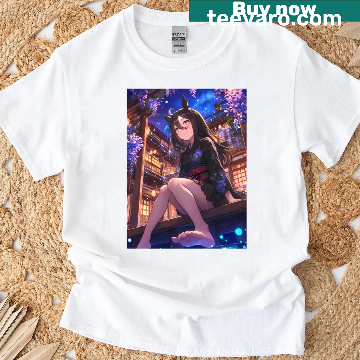 Oversized T-shirt featuring an anime girl in a dark yukata design — on a men's t-shirt