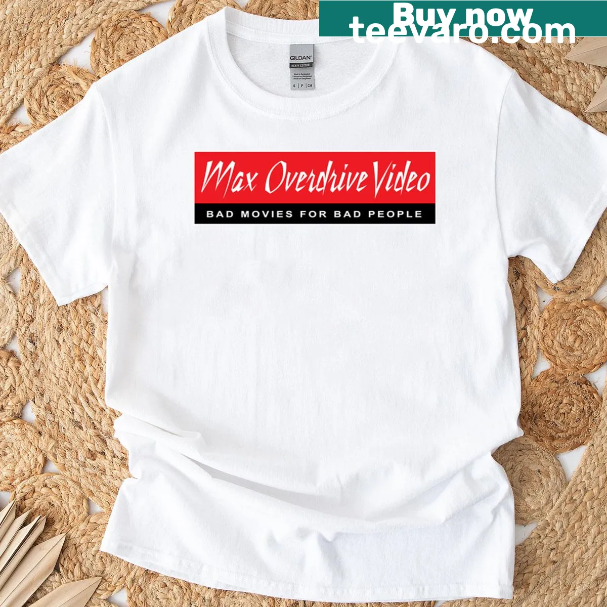 Illustrative design celebrating Max Overdrive video on a t-shirt — on a men's t-shirt
