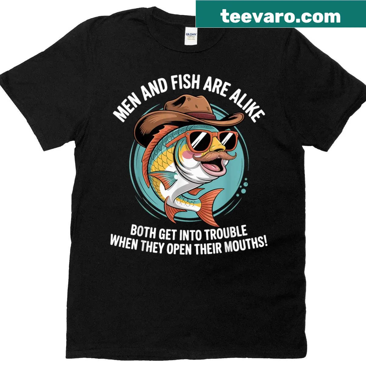Funny fishing-themed t-shirt with a humorous quote about men and fish — on a men's t-shirt