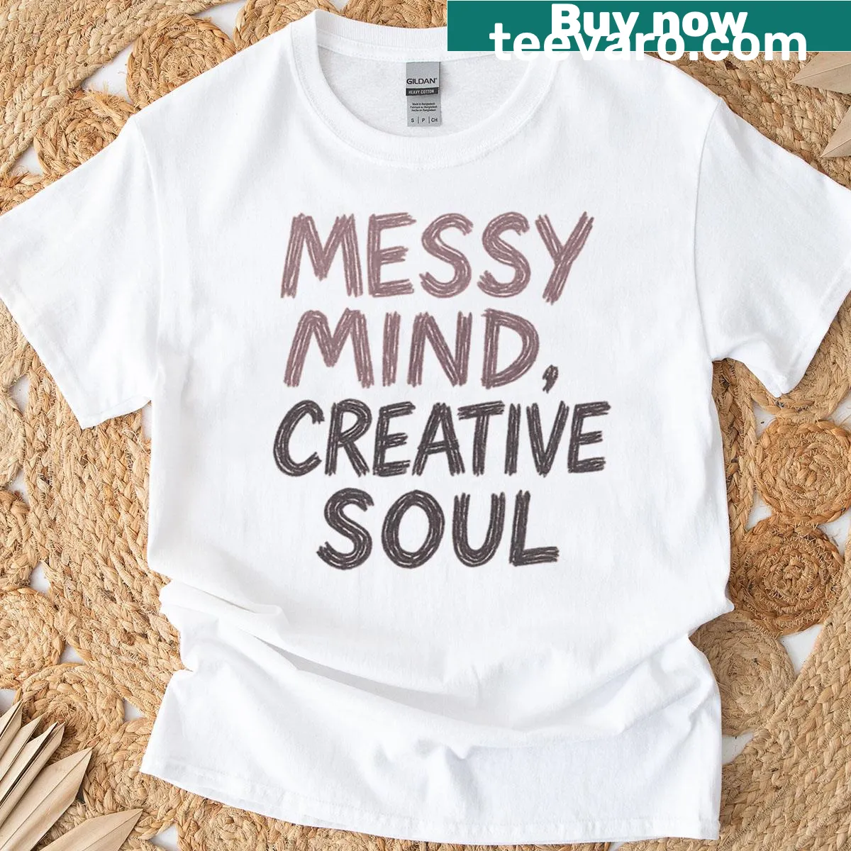 T-shirt with 'Messy Mind Creative Soul' printed in artistic typography — on a men's t-shirt