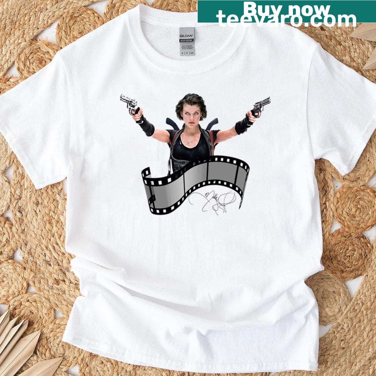 Artistic illustration of Milla Jovovich on an oversized t-shirt — on a men's t-shirt