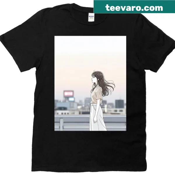 Minimalist T-shirt featuring a girl on a rooftop at sunset in pastel colors.