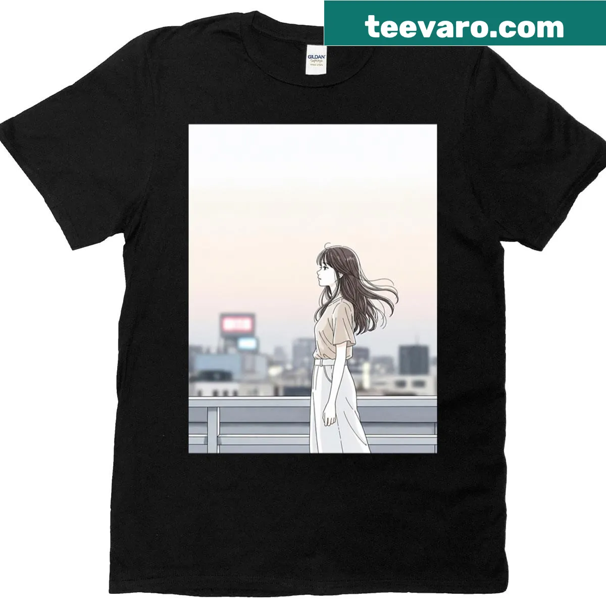 Minimalist T-shirt featuring a girl on a rooftop at sunset in pastel colors. — on a men's t-shirt