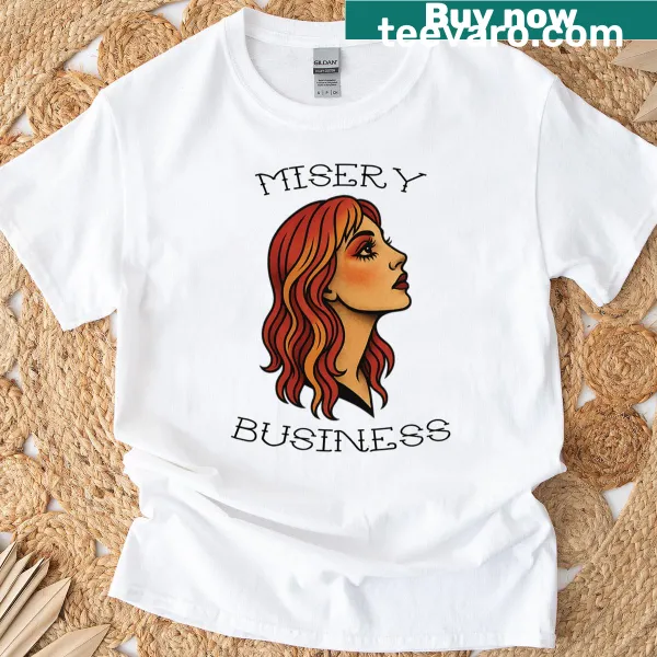 Graphical Misery Business T-shirt featuring bold punk rock text