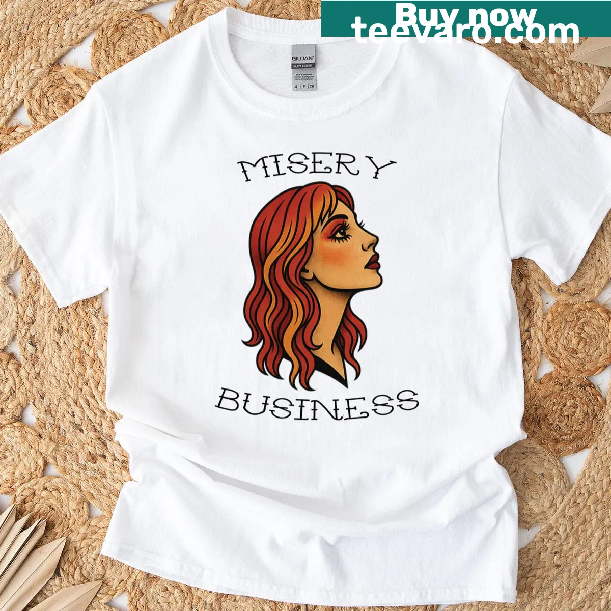 Graphical Misery Business T-shirt featuring bold punk rock text — on a men's t-shirt