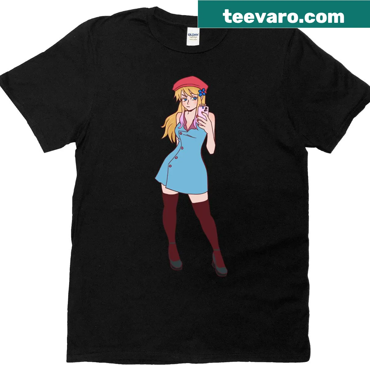 Anime girl taking a selfie illustrated on a T-shirt. — on a men's t-shirt