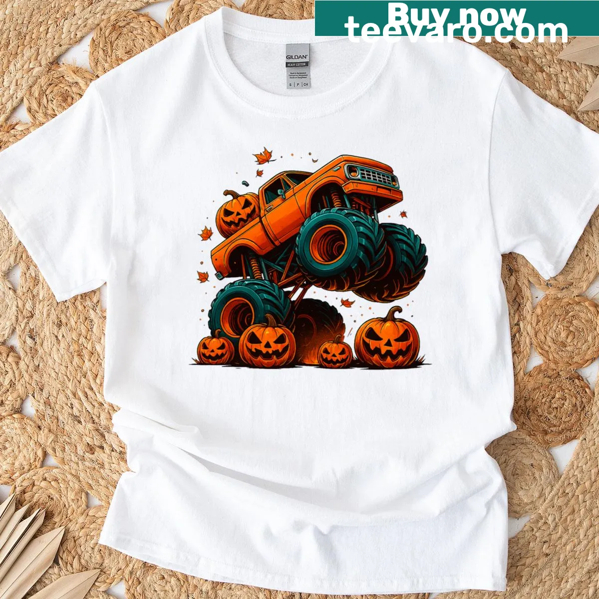 Cartoon Monster Truck T-shirt featuring a Jack O Lantern design for kids — on a men's t-shirt