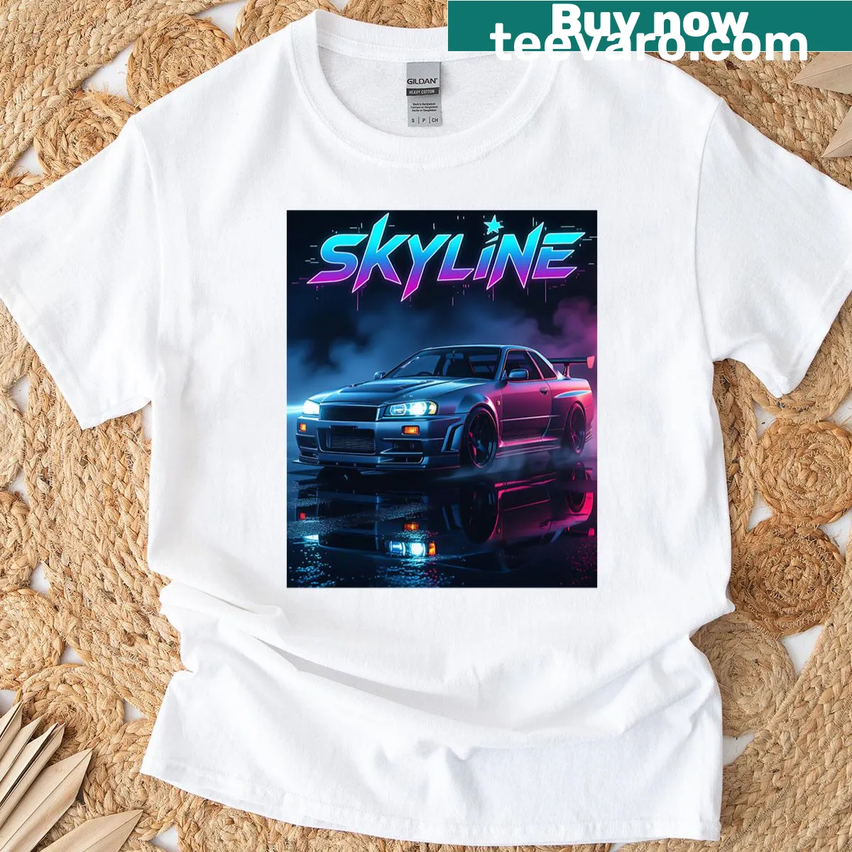 Sporty Nissan Skyline T-shirt featuring a modern car silhouette — on a men's t-shirt