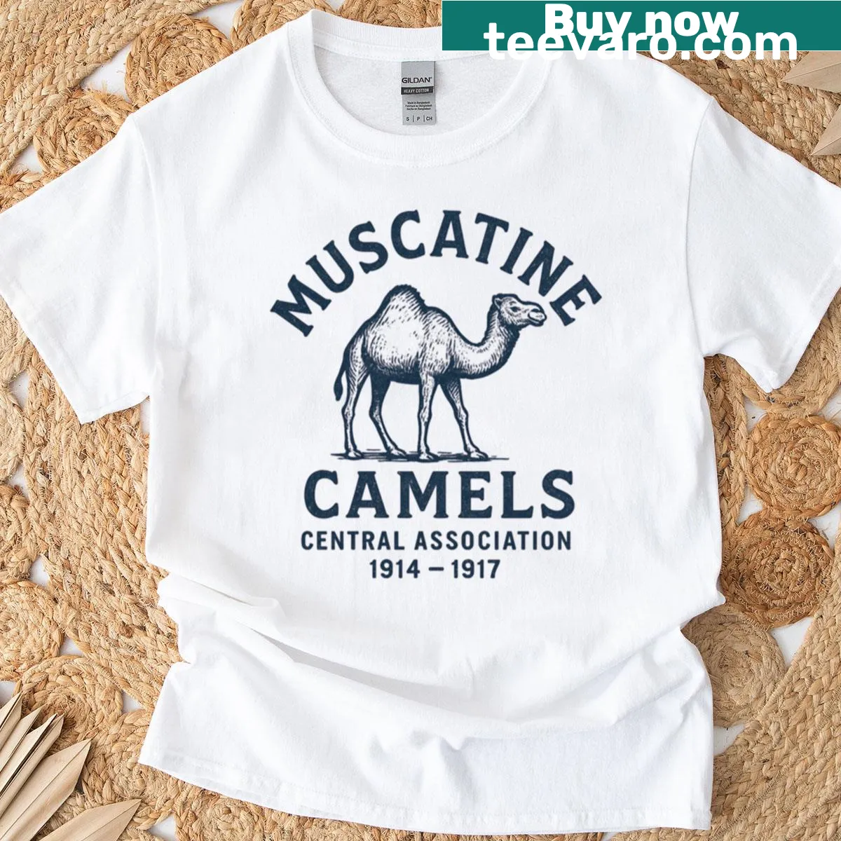 Vintage baseball logo T-shirt featuring Muscatine Camels from 1914-1917 — on a men's t-shirt