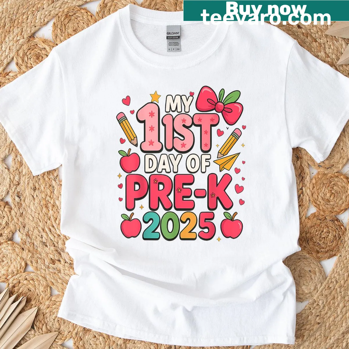 T-shirt celebrating 1st day of Pre-K with playful text — on a men's t-shirt