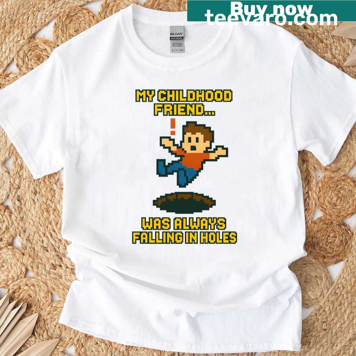 Funny pixel design about childhood game mishaps — on a men's t-shirt