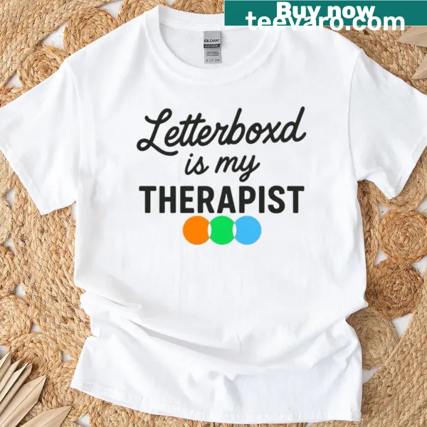 T-shirt with 'My Letterboxd Logging App Is My Therapist' in bold typography