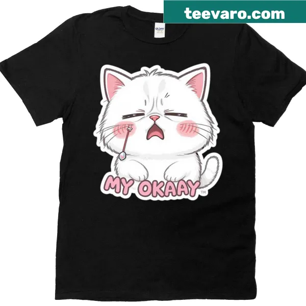 Cartoon of a tired cat with 'My Okaay Cat' text