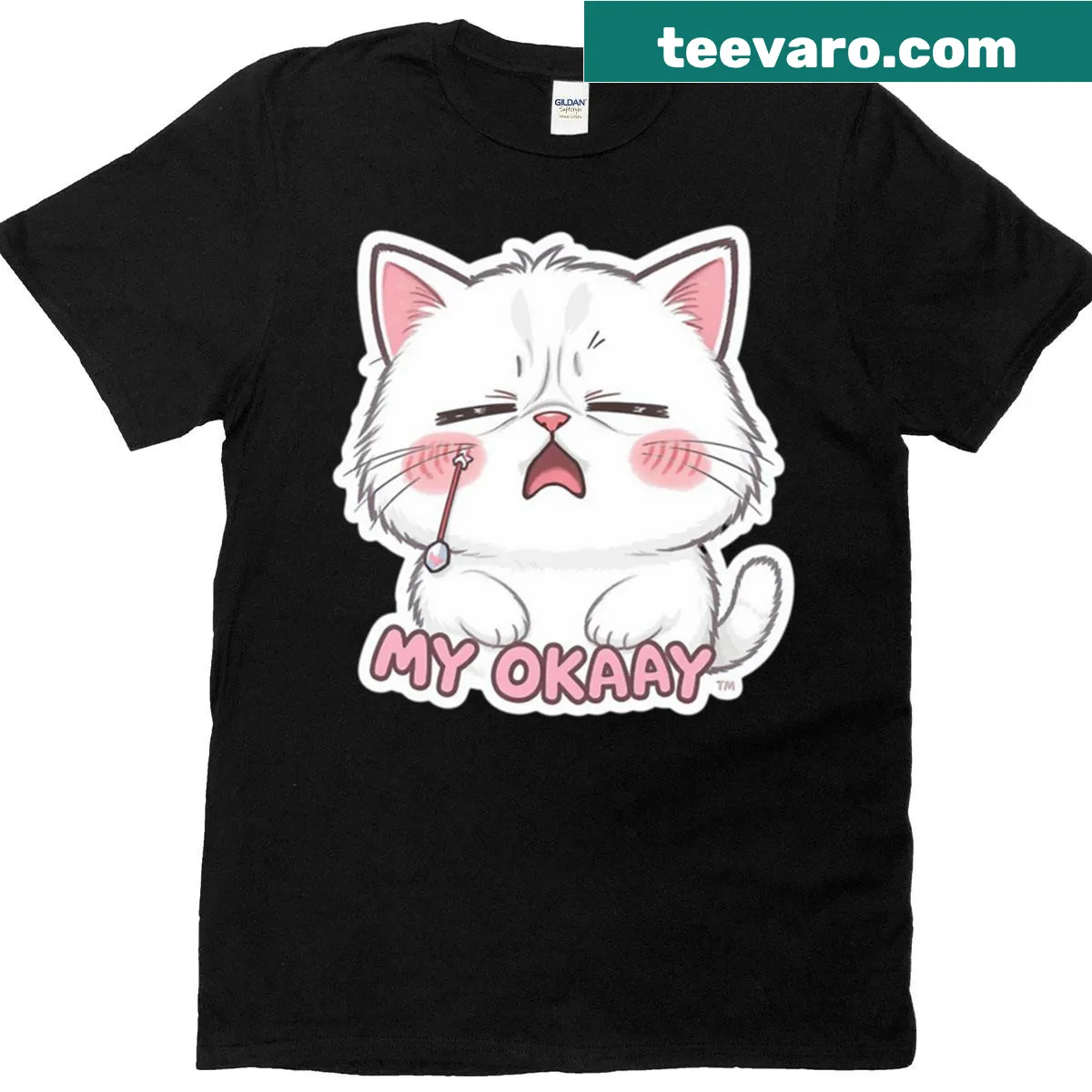 Cartoon of a tired cat with 'My Okaay Cat' text — on a men's t-shirt