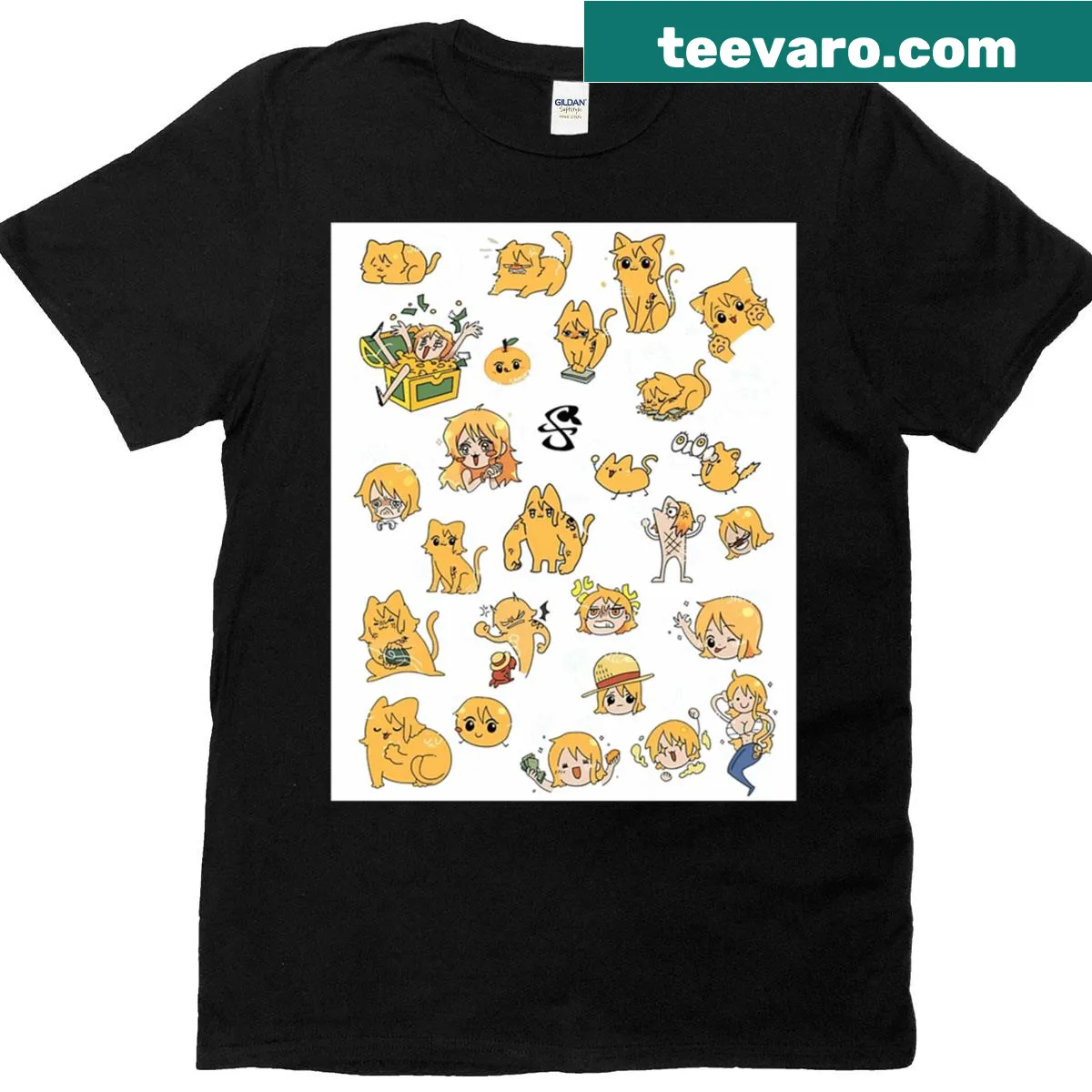 Graphic t-shirt featuring Nami the cat as a playful thief — on a men's t-shirt