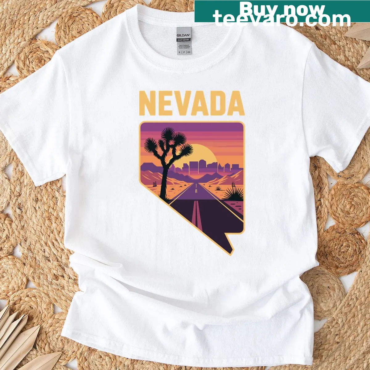 Retro t-shirt featuring Nevada desert sunset graphic — on a men's t-shirt