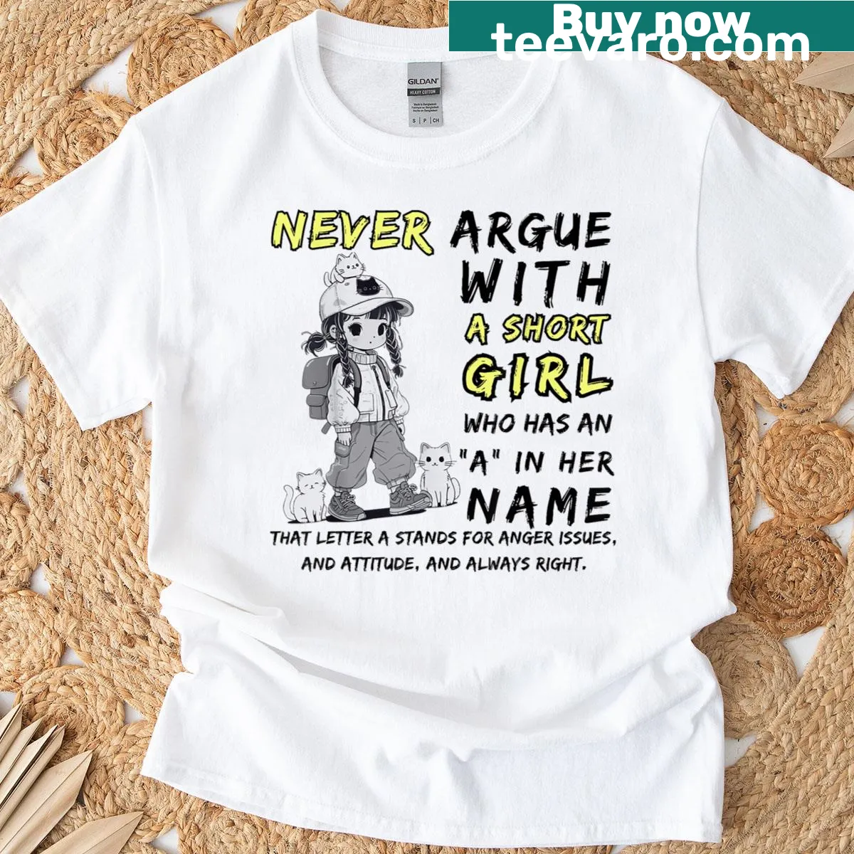 Witty t-shirt with a humorous saying about short girls — on a men's t-shirt