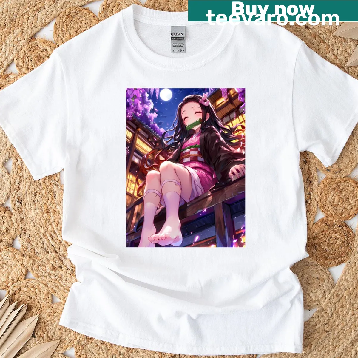 Nezuko Kamado graphic under wisteria moonlight from Demon Slayer — on a men's t-shirt