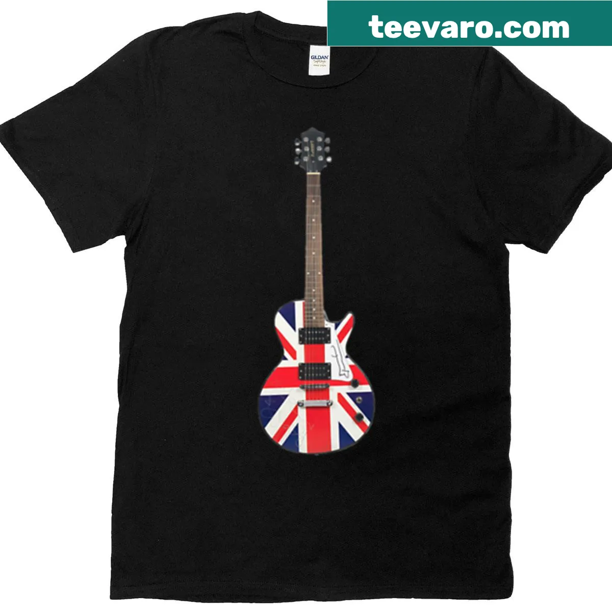 T-shirt featuring a Union Jack guitar illustration dedicated to Oasis and Noel Gallagher. — on a men's t-shirt