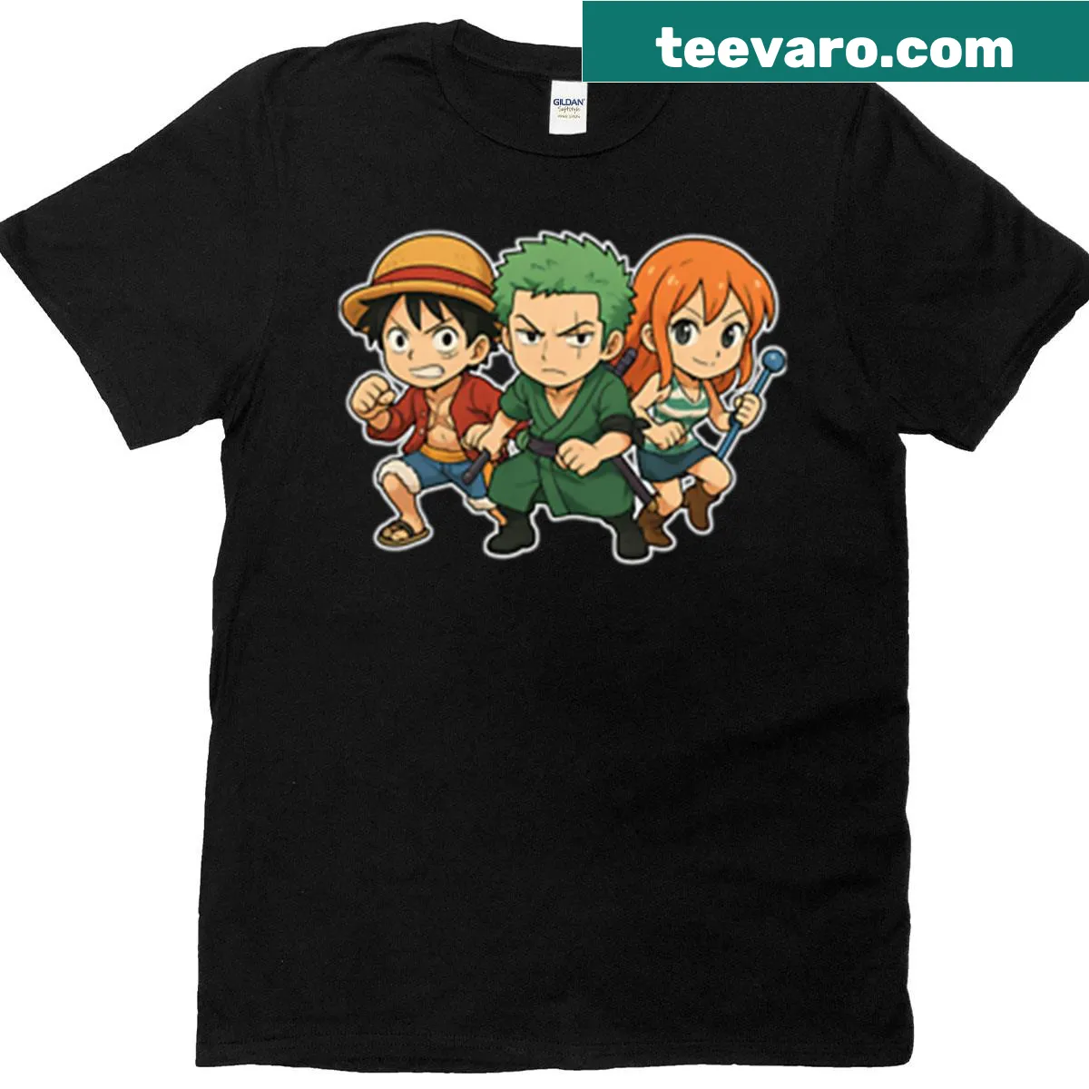 Chibi One Piece characters Luffy, Zoro, and Nami graphic T-shirt — on a men's t-shirt