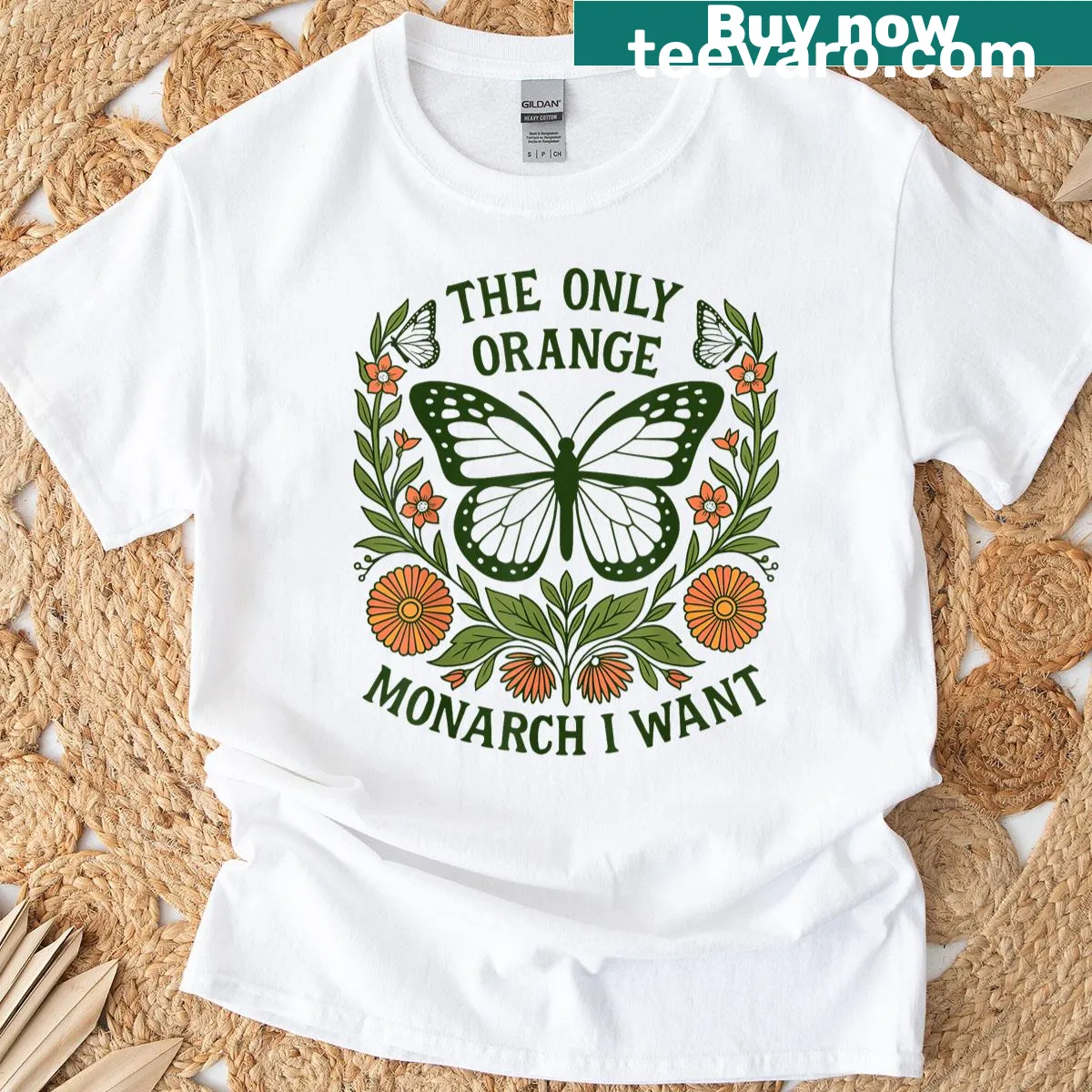 Funny cartoon-style monarch butterfly graphic T-shirt — on a men's t-shirt