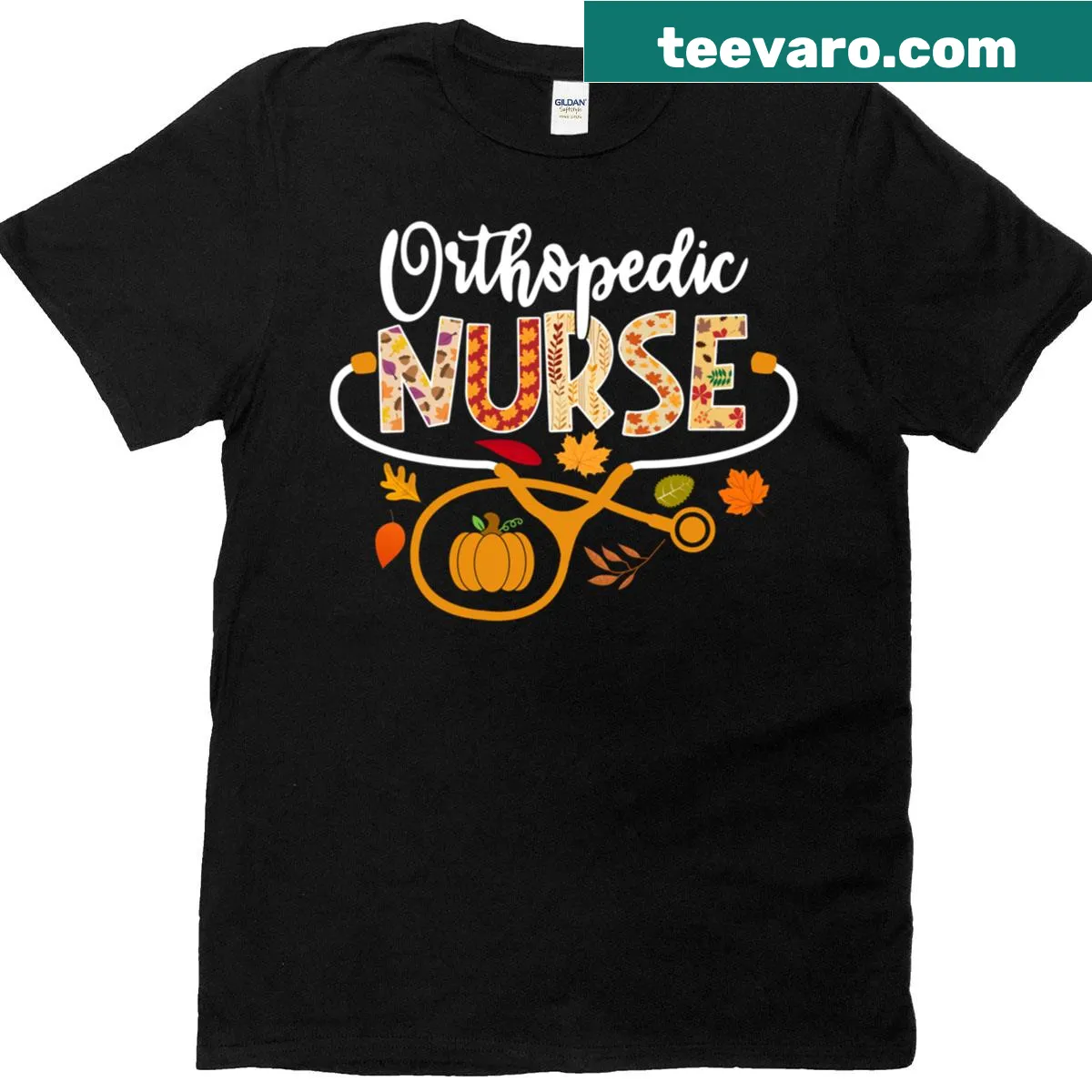 Thanksgiving t-shirt featuring stethoscope and pumpkin design for nurses — on a men's t-shirt