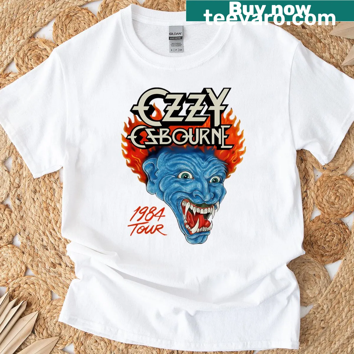 Vintage-style T-shirt featuring Ozzy Osbourne's 1984 tour graphic — on a men's t-shirt