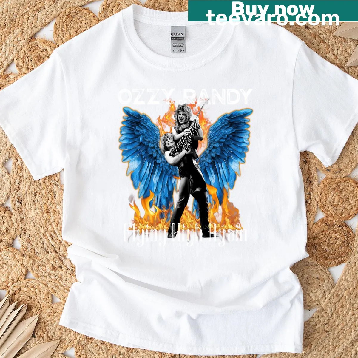 Playful graphic of Ozzy and Randy flying on a T-shirt — on a men's t-shirt