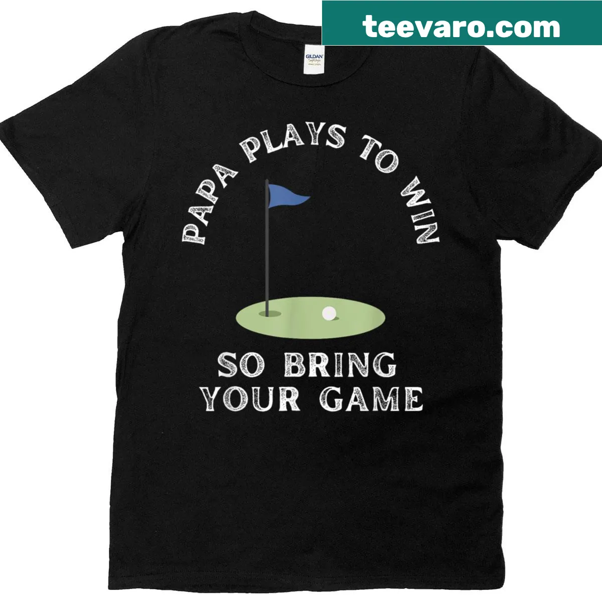 Bold 'Papa Plays To Win' text on golf-themed t-shirt — on a men's t-shirt