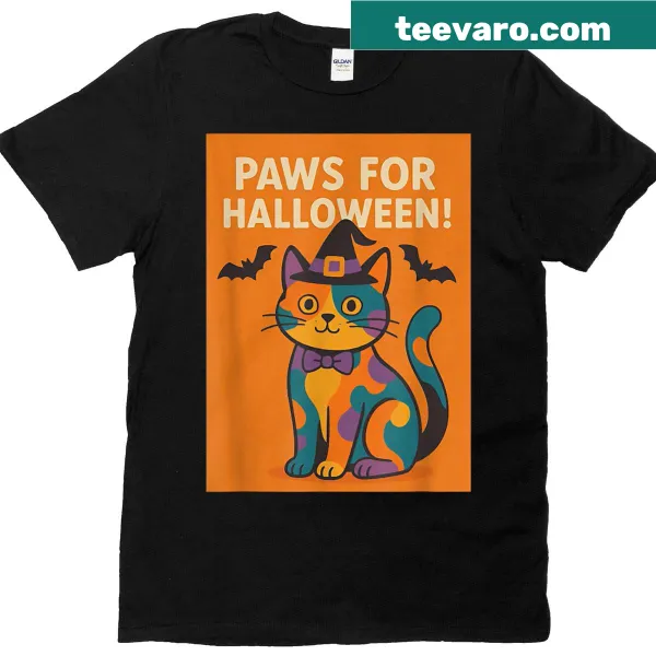 Cute Halloween t-shirt featuring a witch cat design