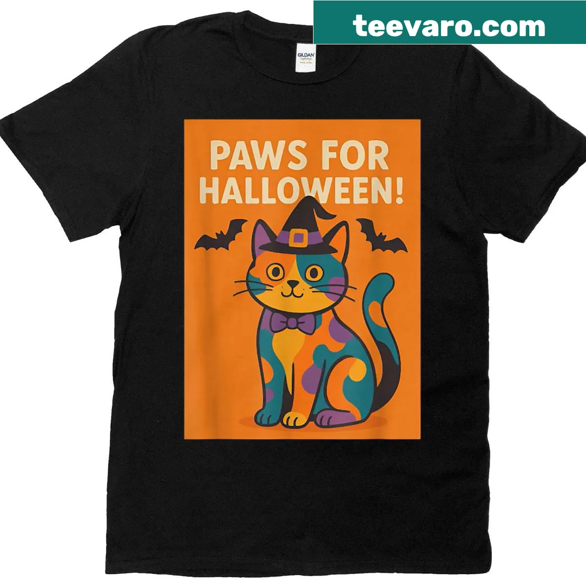 Cute Halloween t-shirt featuring a witch cat design — on a men's t-shirt