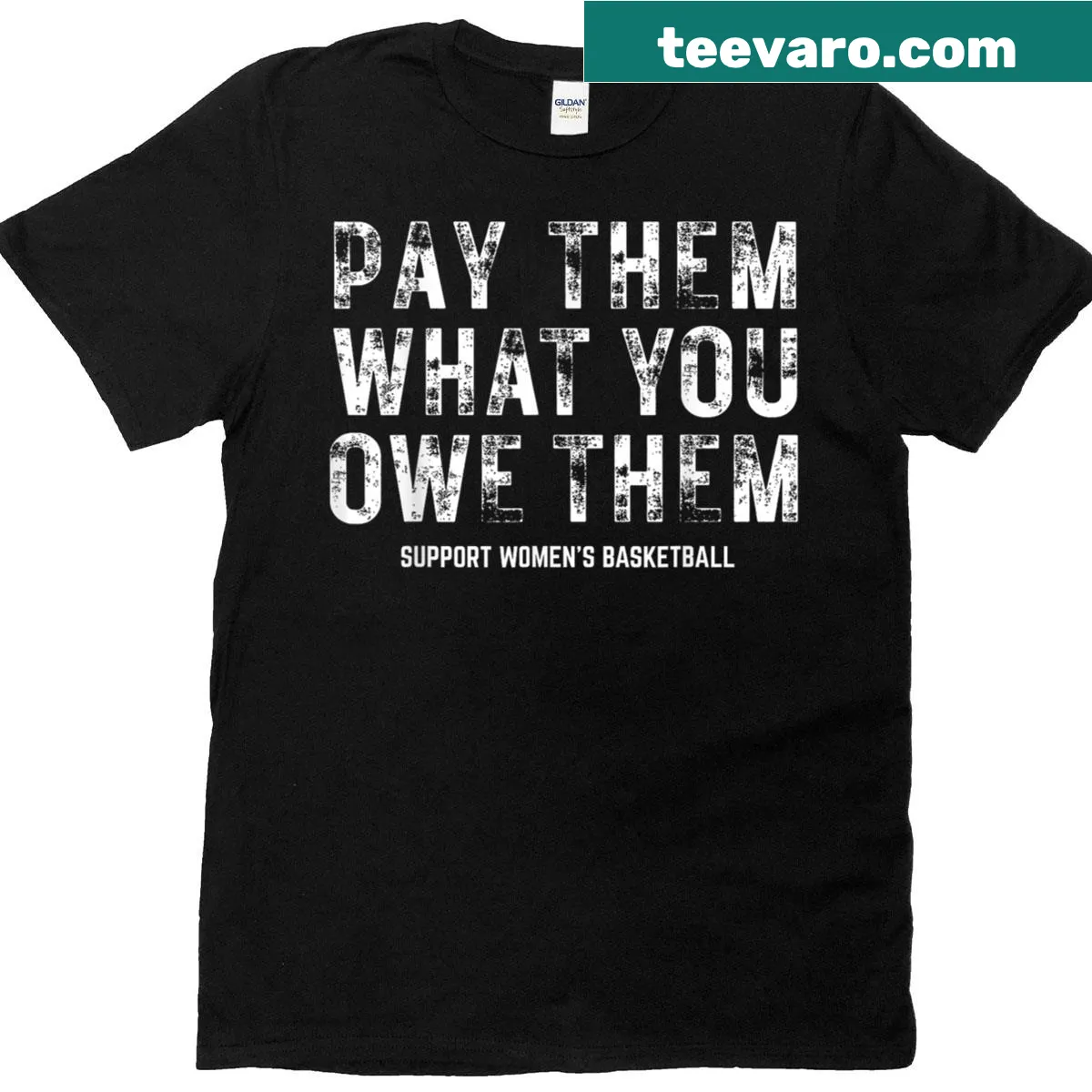 Humorous t-shirt with financial phrase 'Pay Us What You Owe Us' design — on a men's t-shirt