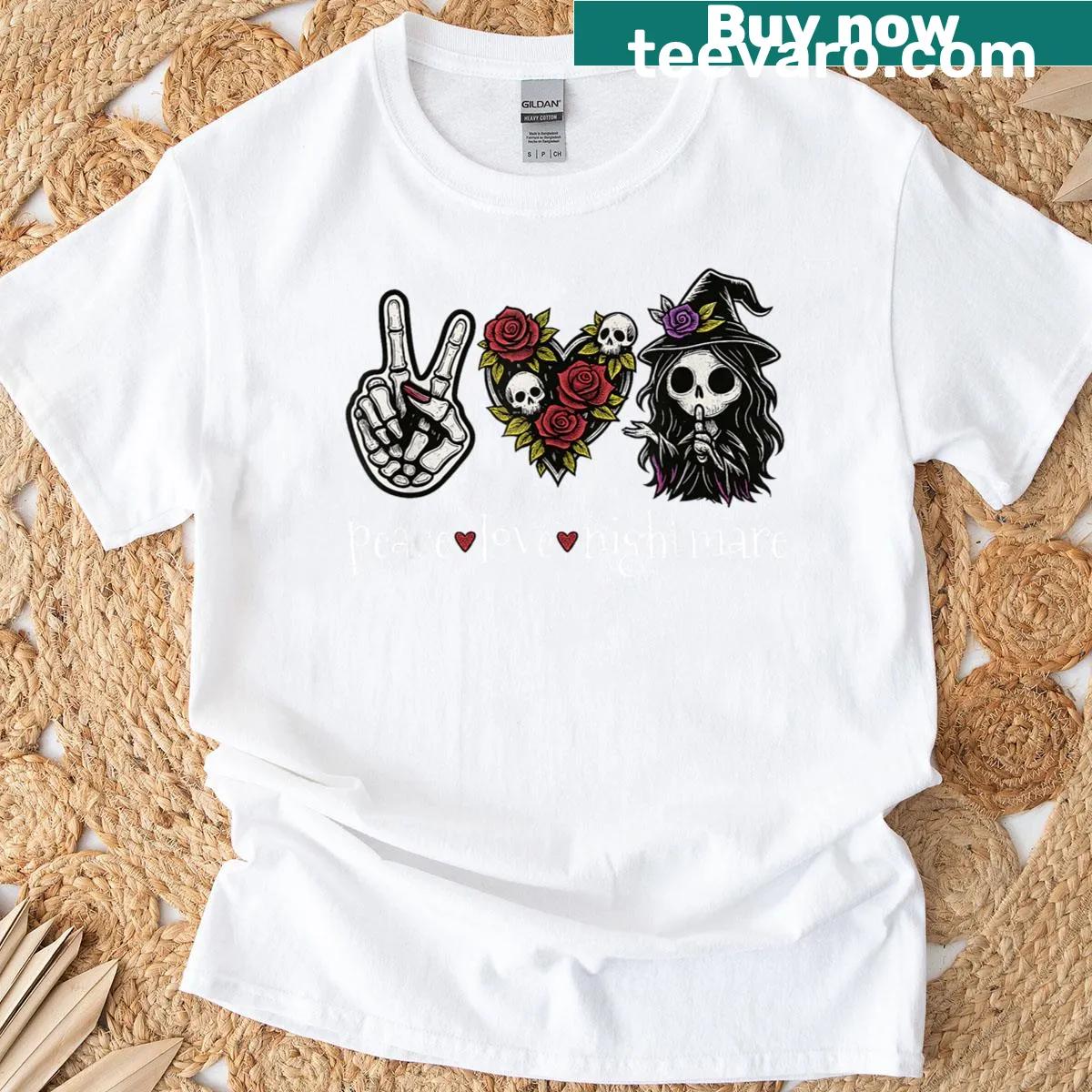 Gothic Halloween tee with the phrase Peace Love Nightmare and spooky graphics — on a men's t-shirt