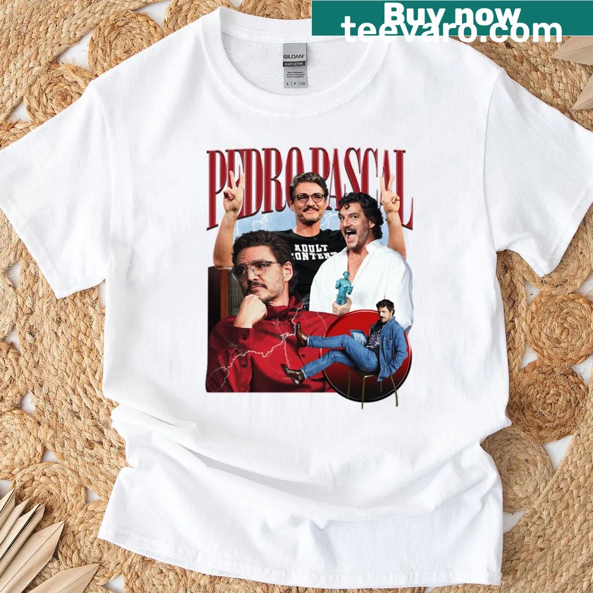 Bootleg print t-shirt featuring Pedro Pascal — on a men's t-shirt
